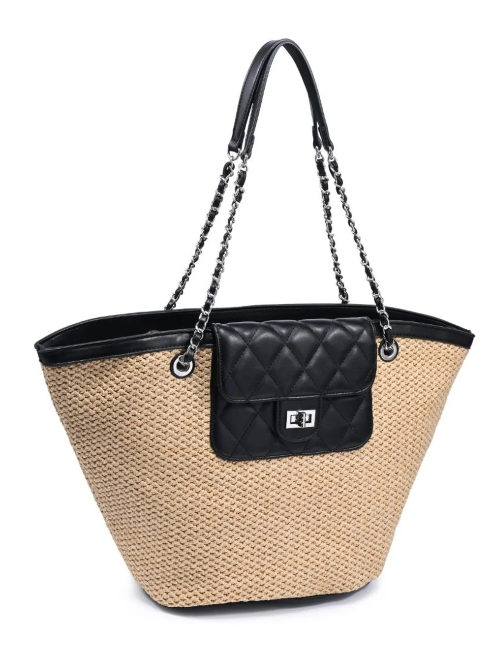 Landon Women's Natural Woven Straw Tote with Black Quilted Accent - Picture 3 of 6